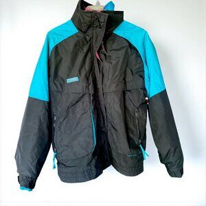 Columbia Vintage 90s Color Block Ski Jacket Black Turquoise Pink Retro Medium